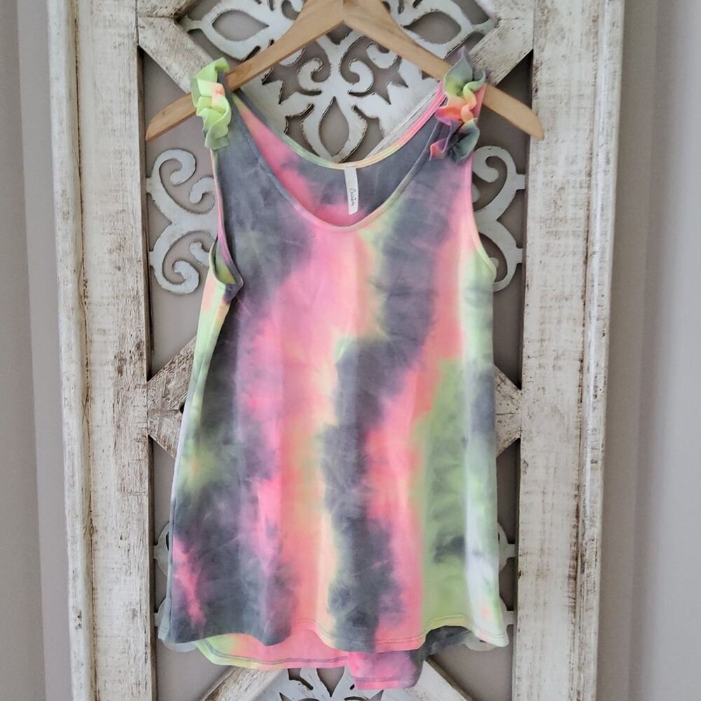 Celeste Women's Soft French Terry Ruffle Relaxed Tank Top Retro Neon Tie Dye